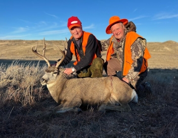 Two hunters in blaze orange vests kneeling beside a harvested mule deer buck on open terrain under a clear blue sky. A successful hunt in Montana with SNS Outfitter and Guides