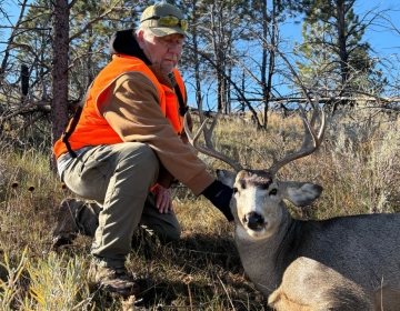 A hunter in an orange vest and green cap posing with a mature mule deer buck in a forested area. Showcasing a trophy hunt with SNS Outfitter & Guides in Montana.