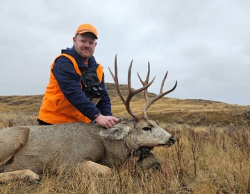 A hunter in an orange vest and cap proudly posing with a large mule deer buck in the rolling hills of Montana. Guided by SNS Outfitter & Guides.