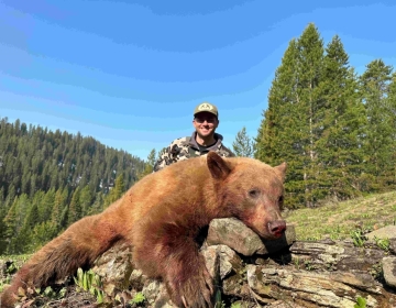An SNS client poses with his cinnamon colored black bear with pine trees in the background.