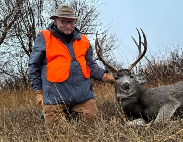 A hunter wearing an orange vest and glasses proudly kneeling next to a mule deer buck with tall antlers in a grassy field.