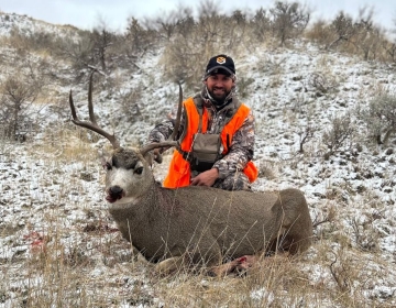 A hunter in a snowy landscape wearing a camo jacket and orange vest smiling with a mule deer buck.