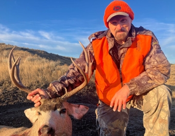 Hunter in an orange hat and vest holding the antlers of a mule deer during a Montana hunt, set against dry grassland.